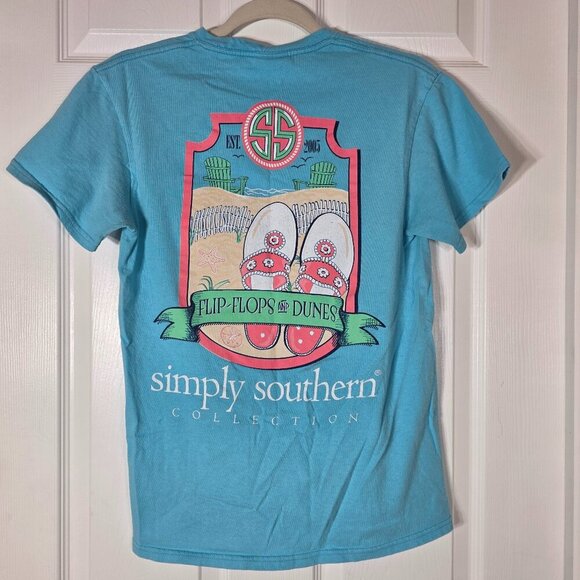Simply Southern Tops - Simply Southern "Flip Flops and Dunes" Blue Short Sleeve Tee Shirt Size Small